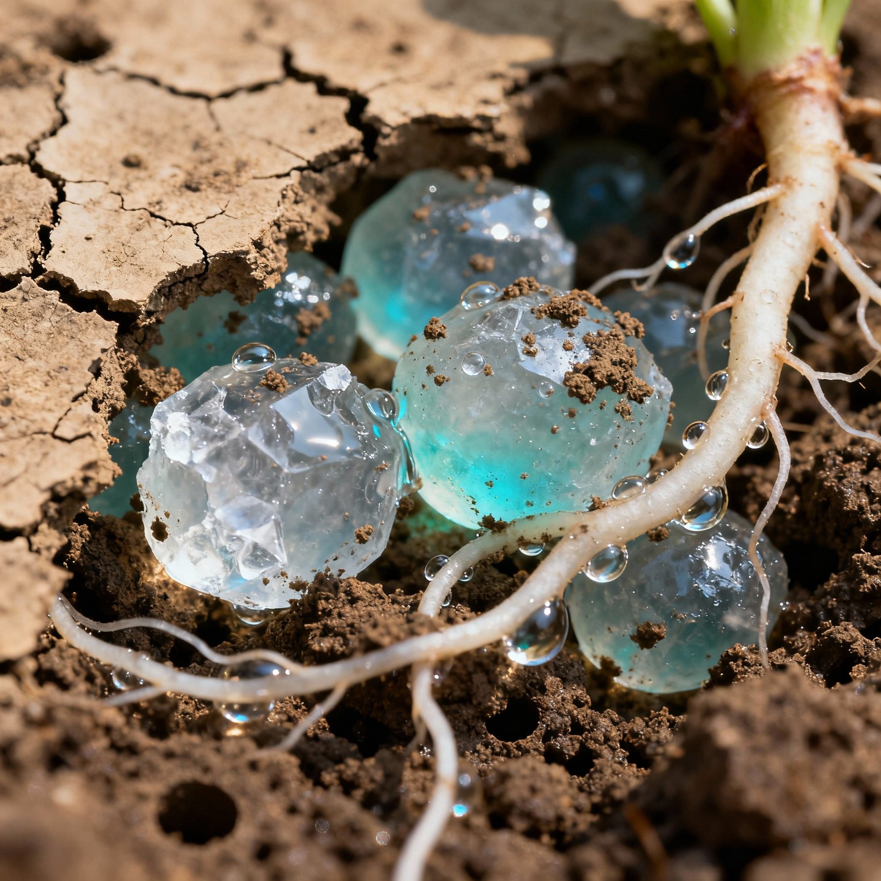 I granuli di idroritentore, gonfi d'acqua, a contatto diretto con le radici.